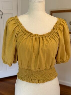Anna Grace 100% Cotton Boho Mustard Yellow Puff Sleeve Smocked Crop Top Sz Med